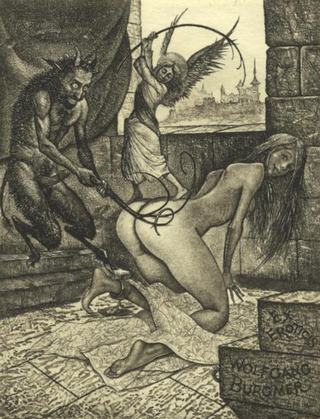 sexy girl enjoys a whipping from an angil and a devil