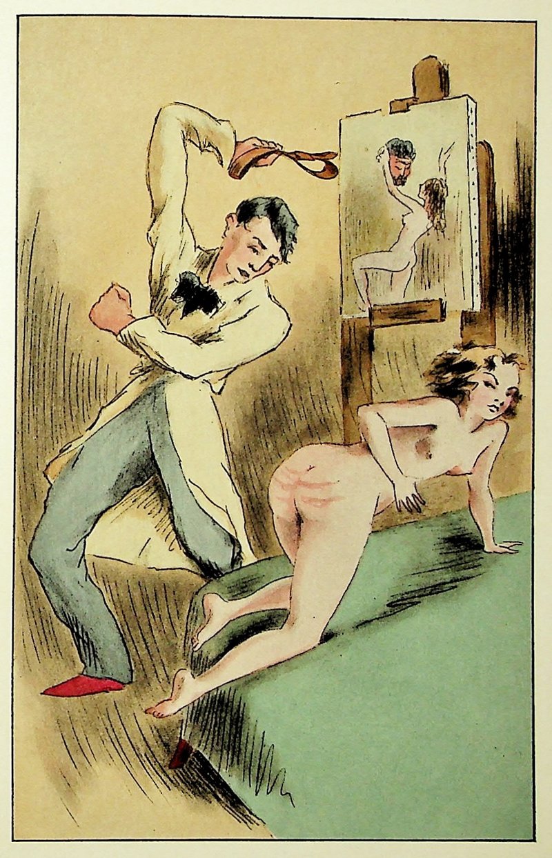 rebellious nude model getting a serious belt spanking from an angry artist
