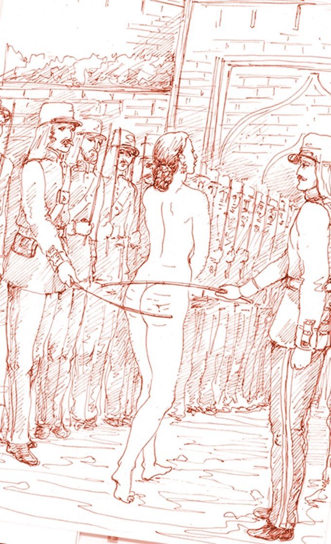 nude woman walks the gauntlet between uniformed men who are caning her with bamboo canes