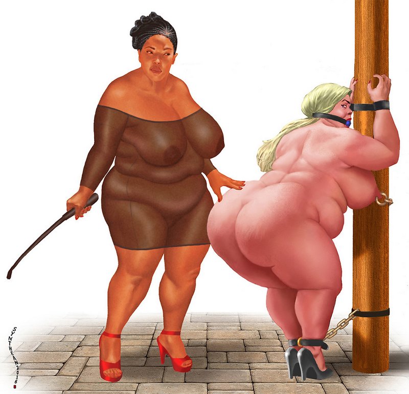 anticipation of a whipping by bbw blonde about to be whipped by large black dominatrix