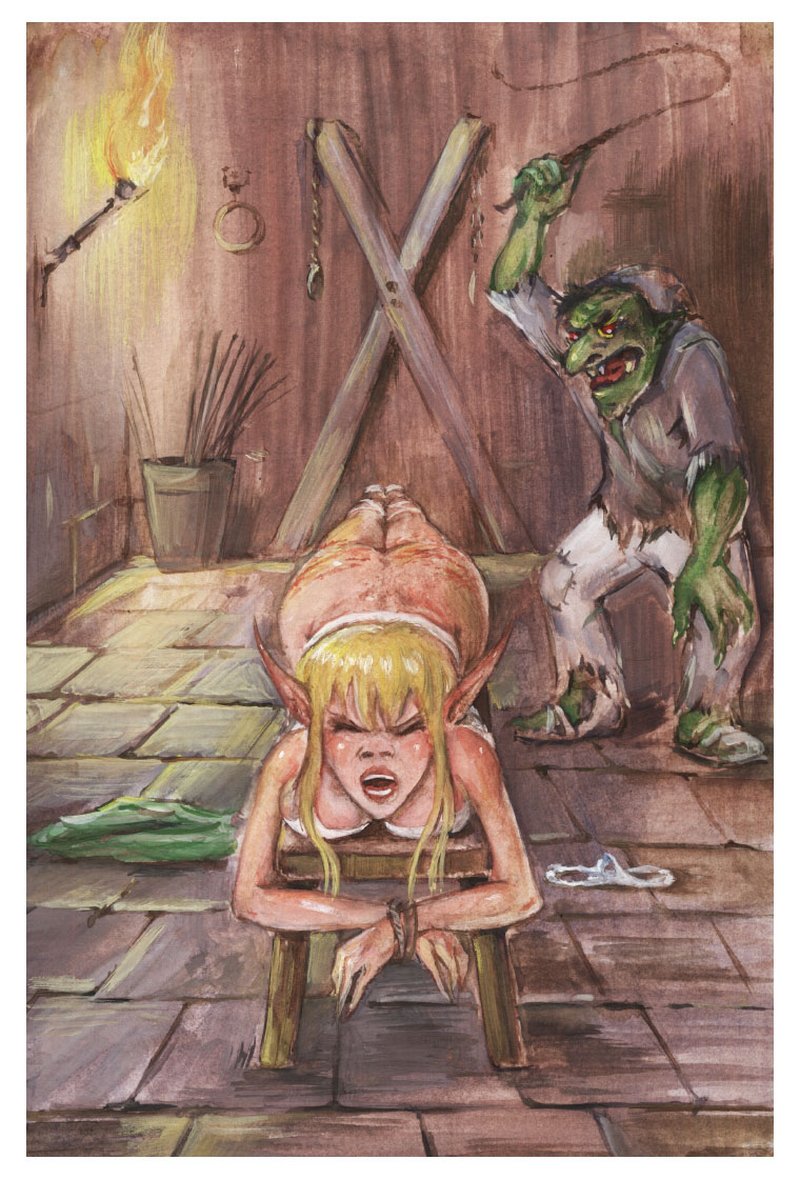 elf bitch tied to a spanking bench for punishment by the goblin she rejected, mocked, and humiliated