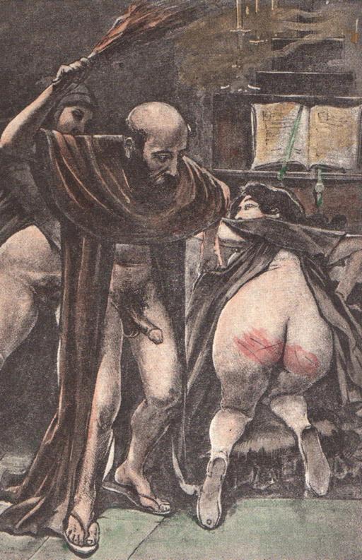 some sort of friar or monk with an erect penis, birching or flogging a nun with a sore ass