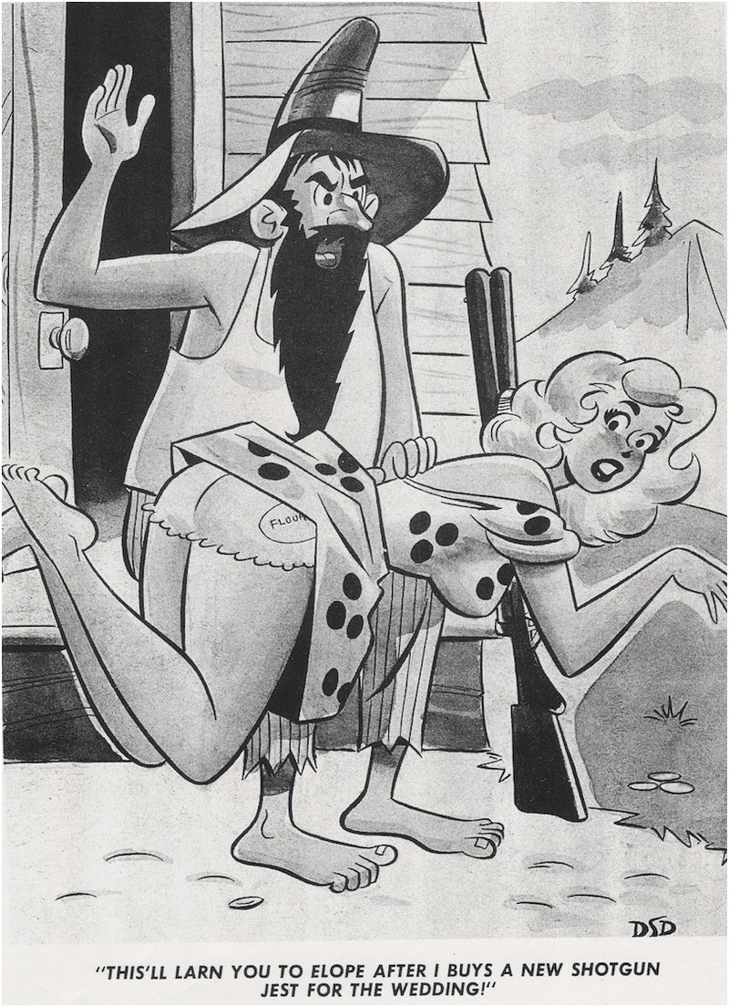 decarlo cartoon of hillbilly father spanking his daughter for eloping before the shotgun wedding spanking cartoon