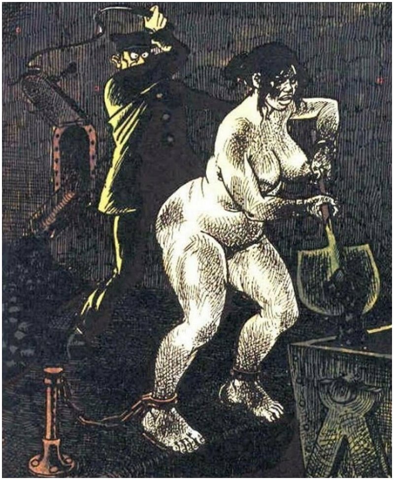 chained woman shoveling coal while a uniformed man with a whip makes her keep at it