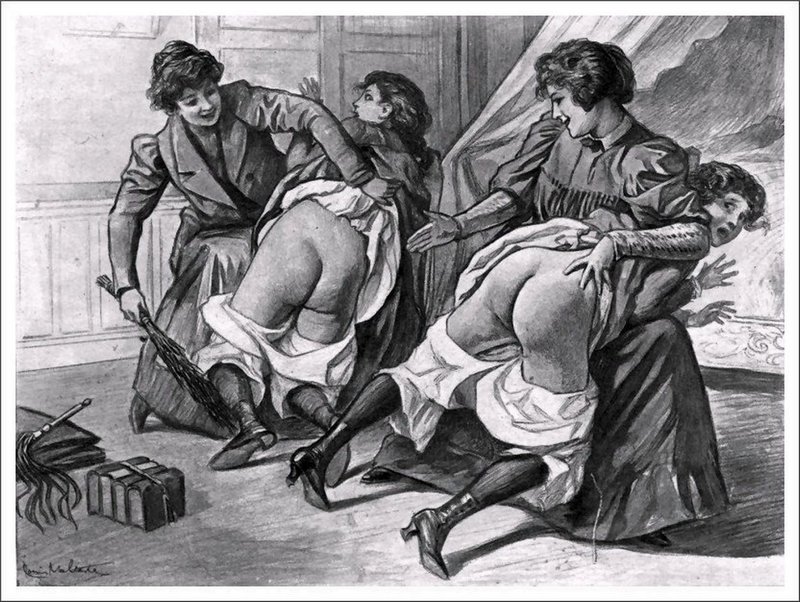 a birching for one schoolgirl and a hand spanking for the other, while a martinet whipping awaits them both
