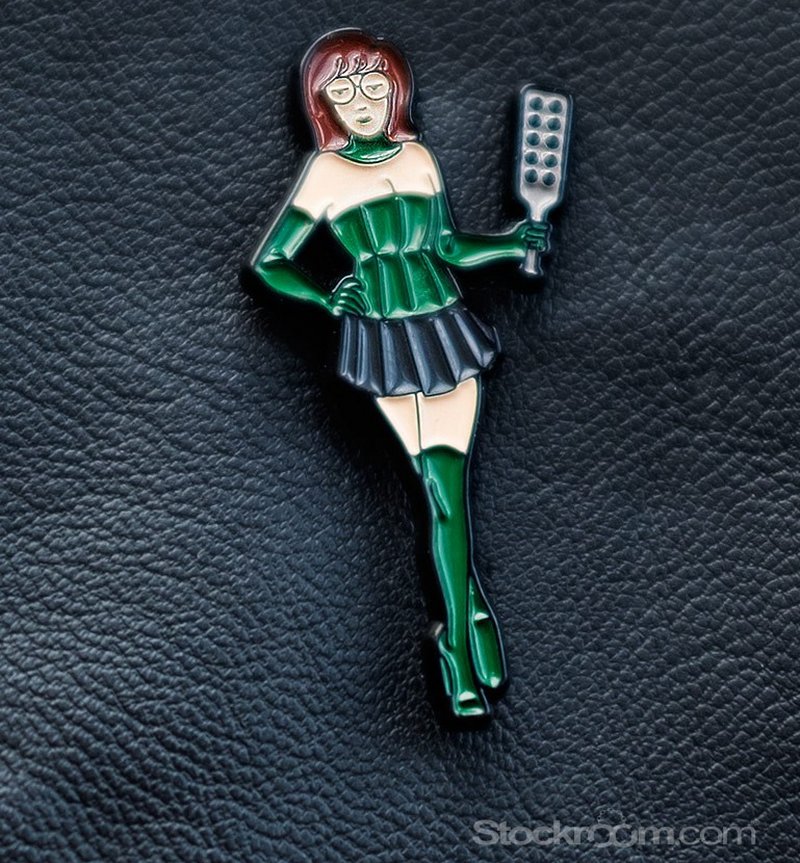 Daria from MTV dressed as dominatrix with leather paddle enamel brooch jewelry