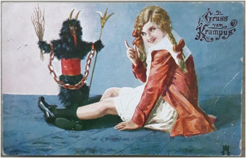 gleeful woman dressed in girl clothes is beckoning to a diminutive Krampus who looks concerned that he fucked up