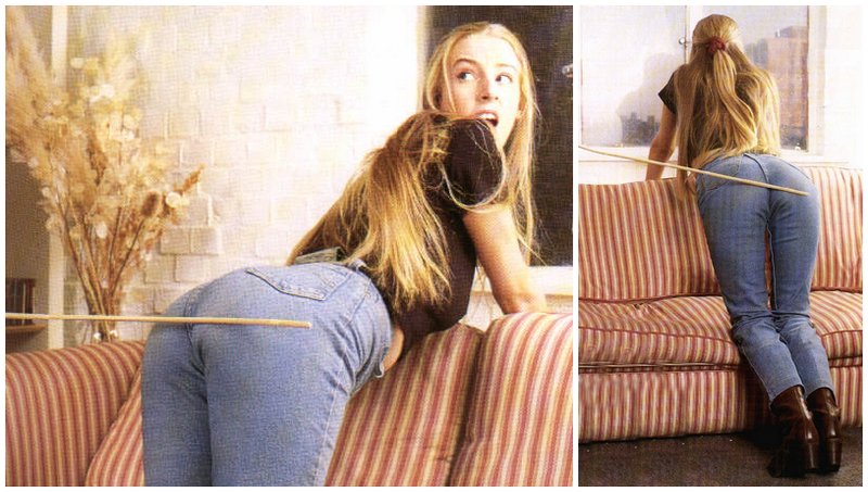 blonde caned hard through her denim blue jeans