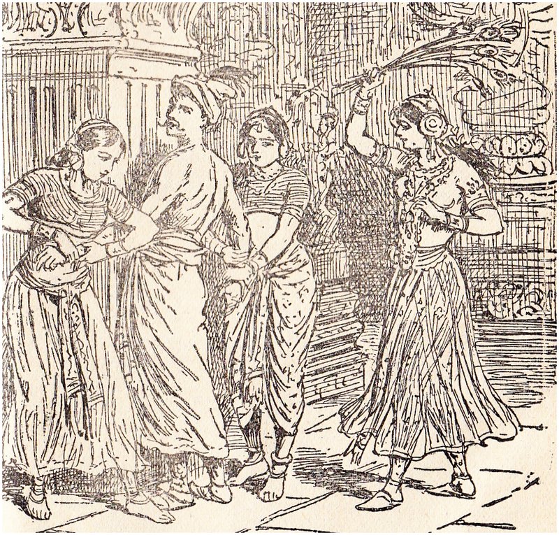 man held by two harem girls while a third beats him with peacock feathers