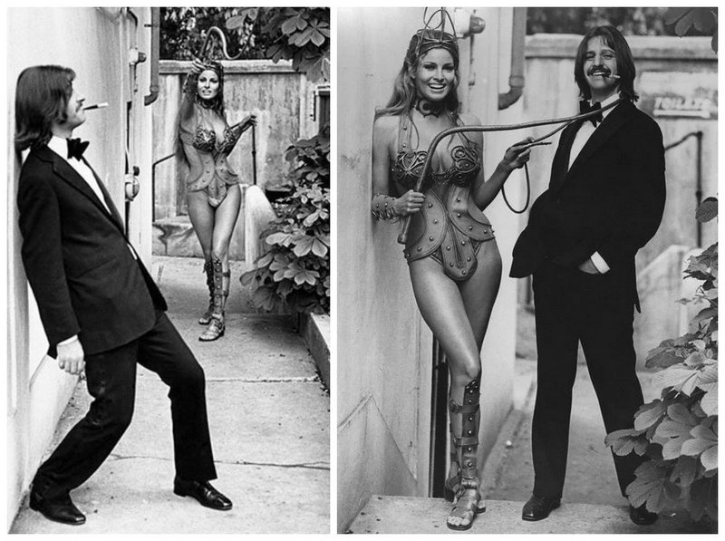 Ringo Starr leans back while Raquel Welch tries to whip a cigarette out of his mouth