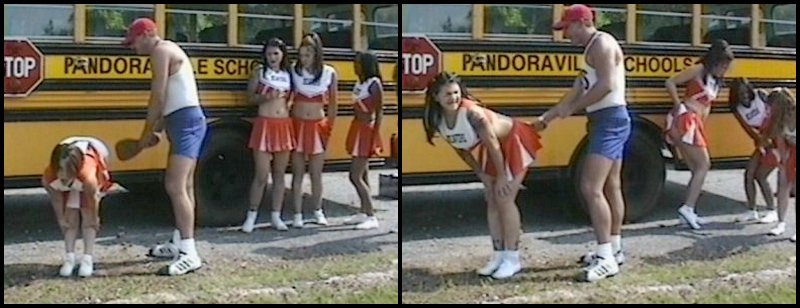 high school cheerleaders getting paddled by the side of the road in a 2003 horror movie