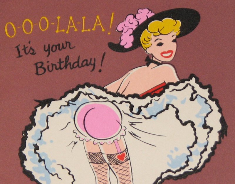 spanking birthday card with a woman showing her spanked bottom