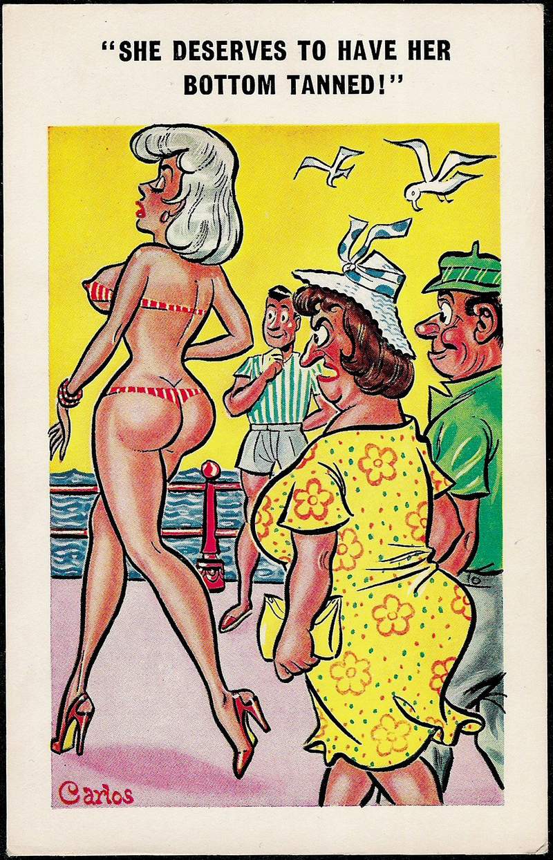 comic postcard of a woman in a bikini who needs her bottom tanned
