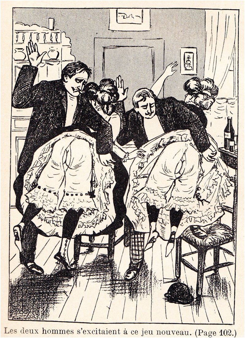vintage spanking illustration of two women being spanked thru split bloomers