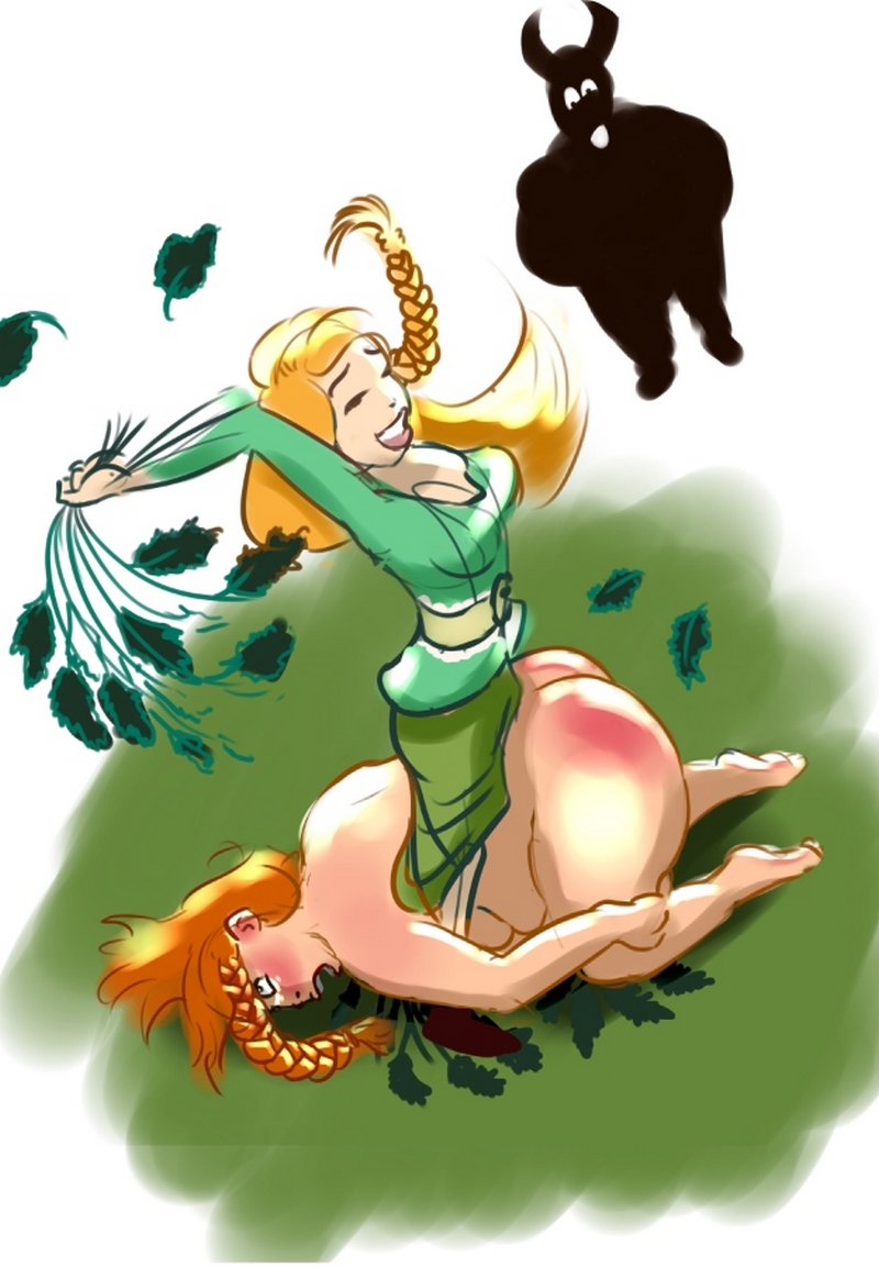viking maiden spanking another with nettles while a shadowy male viking watches