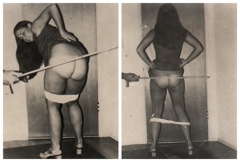 a pretty brunette with her panties down preparing to get a hard caning with a bamboo cane -- vintage wallet/postcard photos