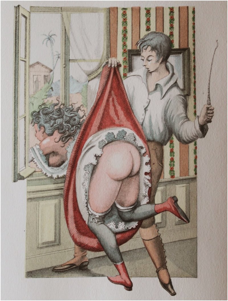 woman in fancy skirts being switched and whipped with her face outside an open window