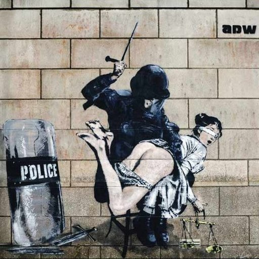 Riot policeman spanks the bare bottom of Lady Justice in street art \"graffiti\" by ADW