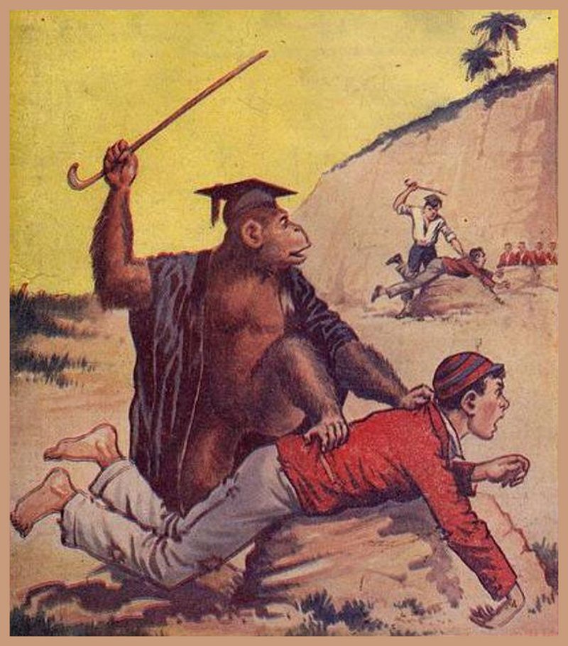 planet of the apes boy caned by monkey who is watching tutor caning another boy in front of an open air class in the tropics with palm trees