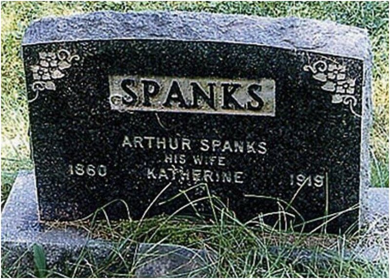 gravestone of Arthur Spanks that suggests he is spanking his wife even beyond the grave