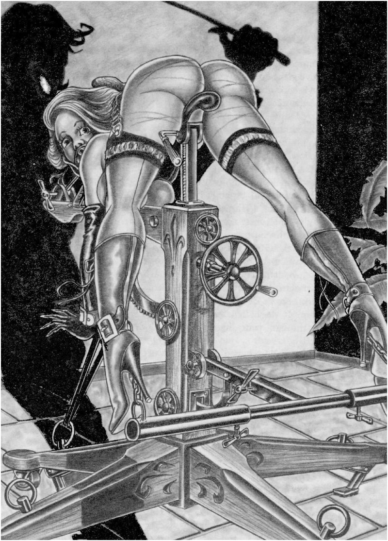infernal bondage spanking device uses a pussy jack to elevate her bottom for punishment