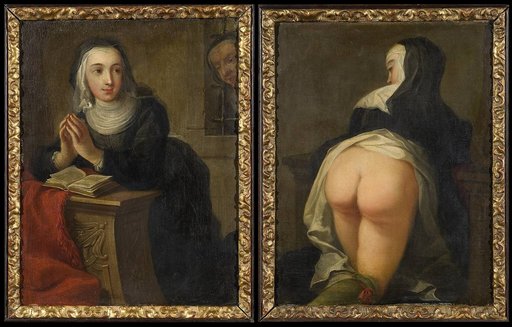 front and rear views of a nun about to get a religious discipline spanking