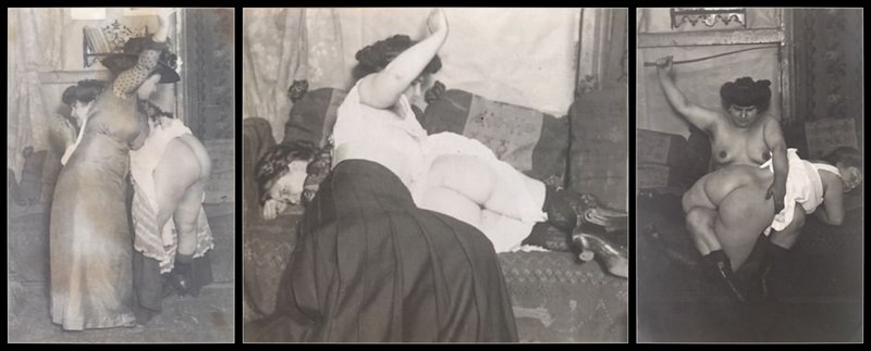 one large fat woman spanking another series of three vintage whipping photos