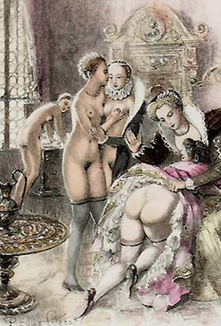 spanking scene from vies des dames galantes as illustrated by Paul Emile Becat
