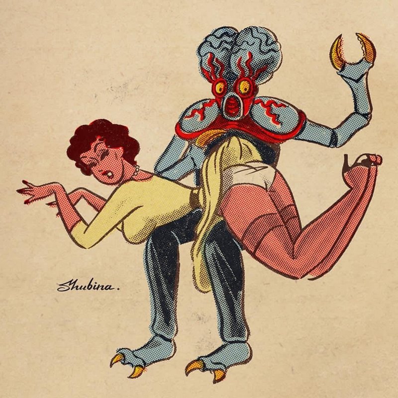 bug-eyed monster spanking a pretty earthling woman