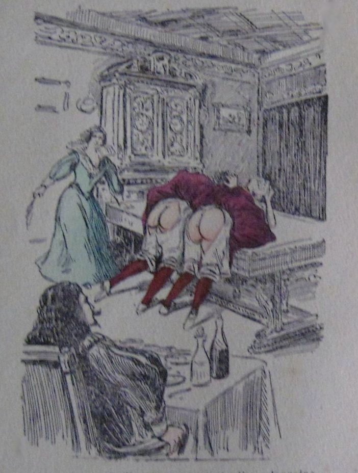 two maids or household servants receive a bare-bottom birching bent over a billiards table while the master of the house watches with a glass of sherry at hand