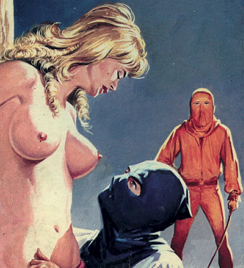 hooded executioners prepare to whip her breasts