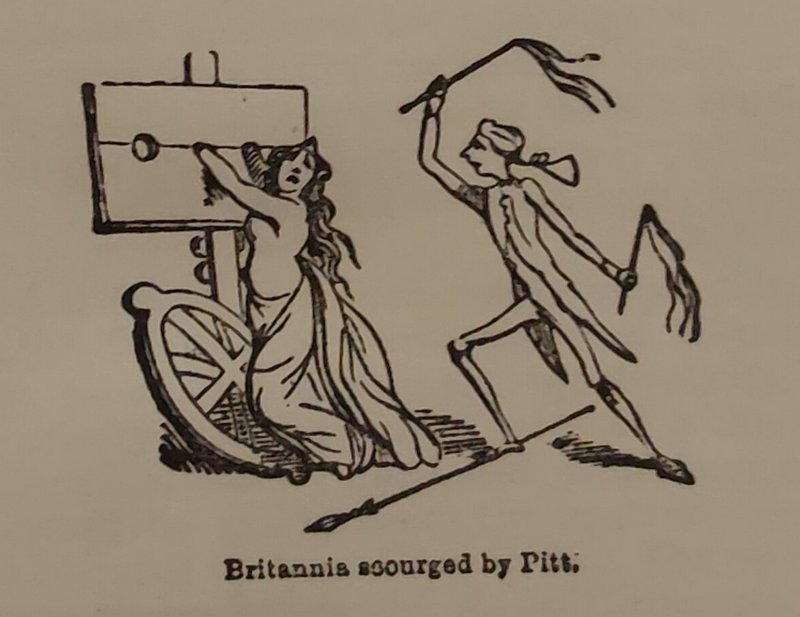 Britannia scourged by Pitt crude etching or woodcut illustration