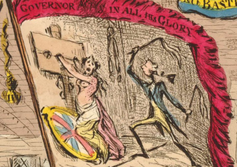 lurid detail of Britannia being double whipped in a pillory