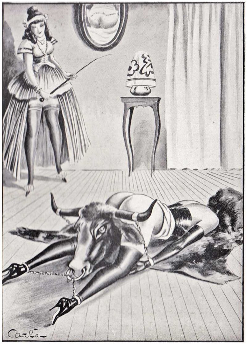 1930s fetish artwork of a woman restrained with chains to a bull head for a whipping with a leather switch or cane