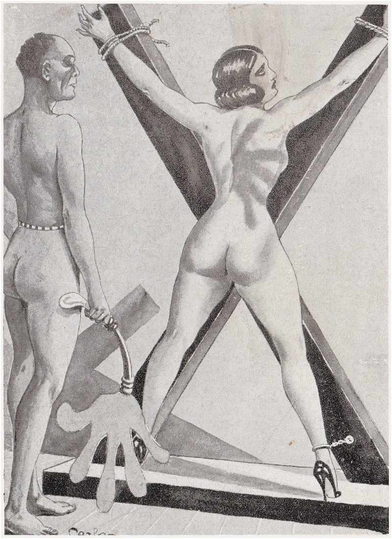 woman on a bondage cross has a welt from being hit by a huge leather hand