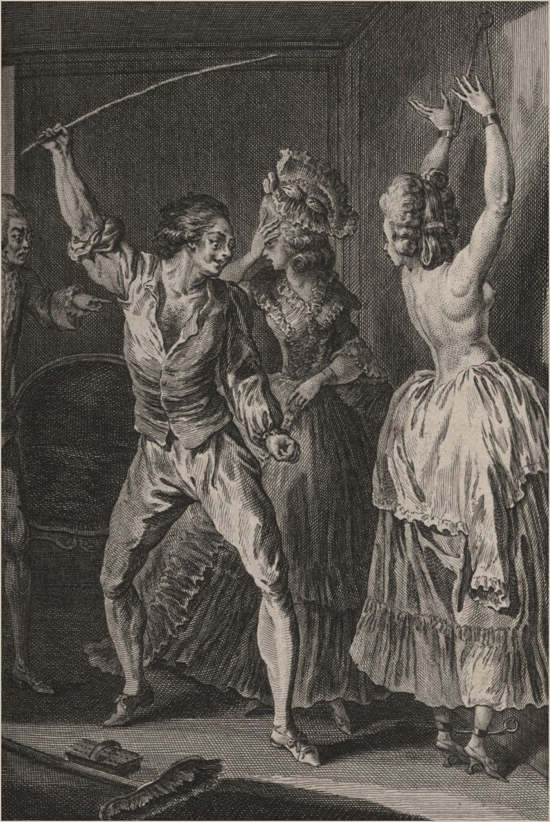 1780s chamber maid being beaten with a stick on her back