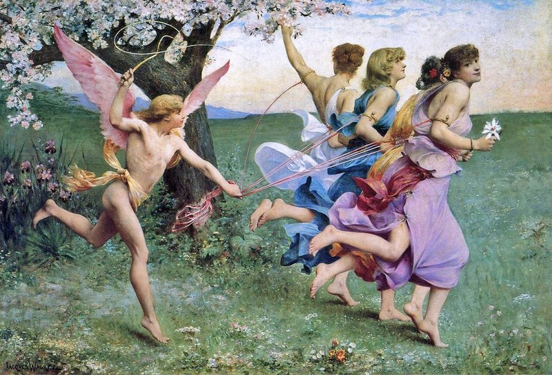 cupid whipping four lovely girls who are leading him on reins as if they were pretty horses