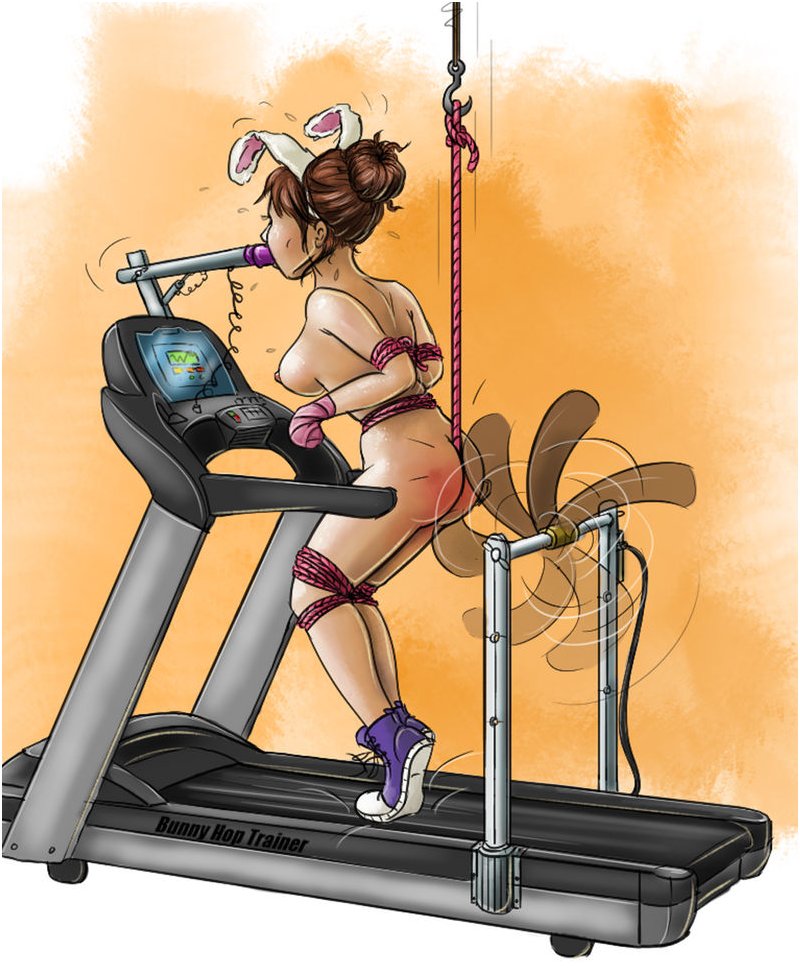 bunny girl in bondage on a treadmill with a spanking machine to keep her hopping