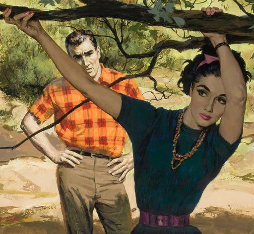 girl with her hands on a branch about to get punished with a switch in the open air