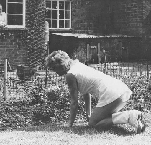 gardening in a white tennis outfit with panties showing