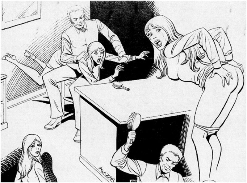Four views of a hairbrush spanking scene of a blonde spanked to tears, possibly by a teacher