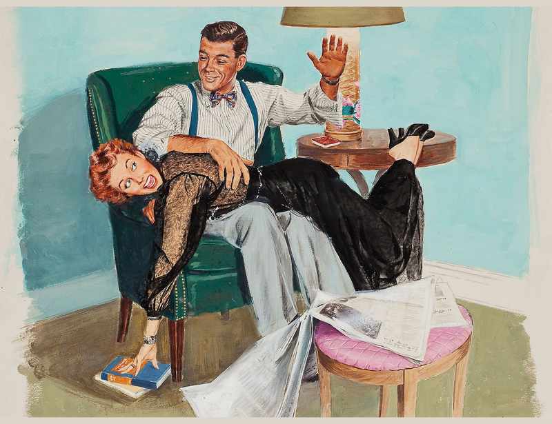 1950s wife spanking art showing cheerful man and happy wife