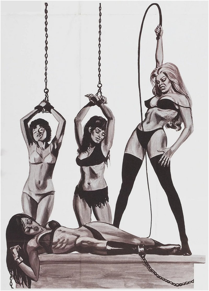 woman in lingerie menaces three other chained women with a bullwhip movie poster or lobby card