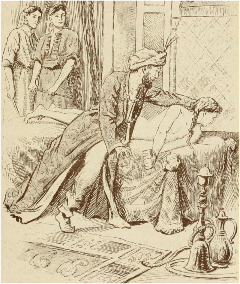 Ambiguous Harem Punishment – Spanking Blog 2 Woman with tied wrists is lying on the sofa next to shisha, several oriental men are standing around with sticks or canes in their hands, ready to punish her