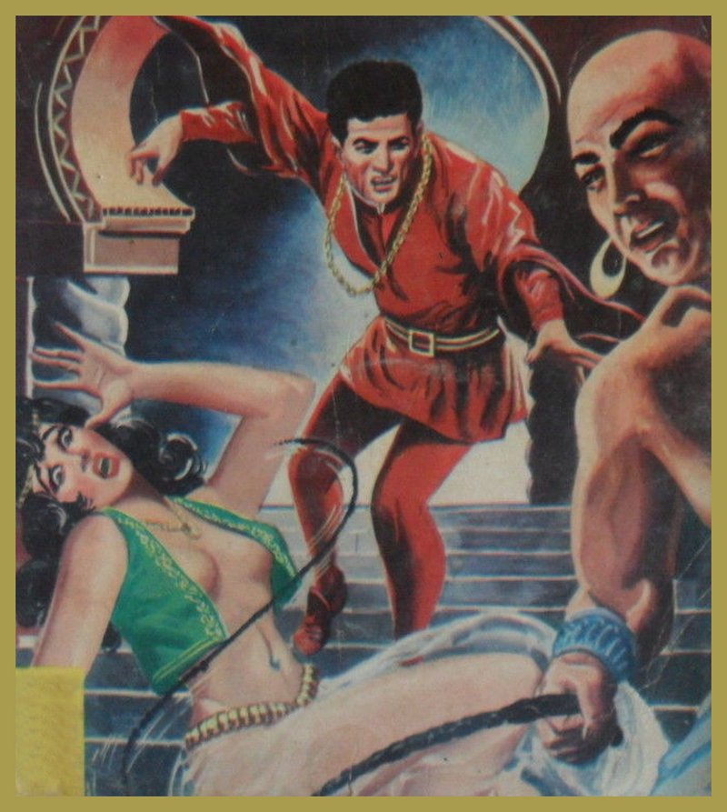 gender-ambiguous harem functionary whips a harem girl as Elvis bursts in to save her