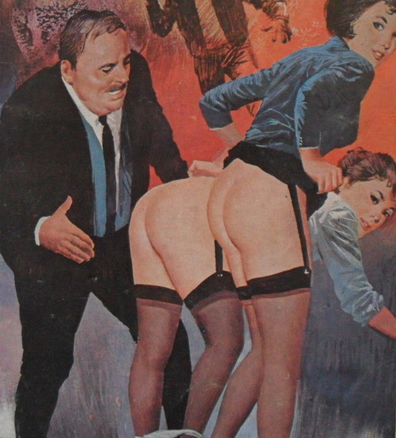 suited man spanking two office ladies with their panties around their ankles