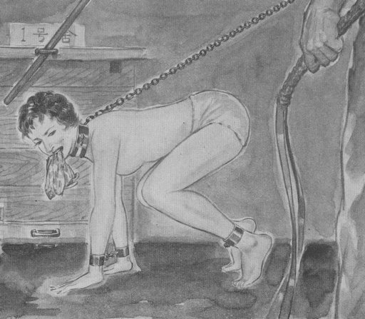 new slave maid refuses to clean the filthy floor with an old rag held in her mouth, must be disciplined repeatedly with a leather flogger