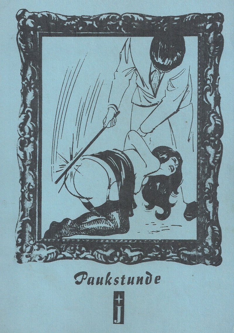 woman on her knees being spanked with a thick cane or stick