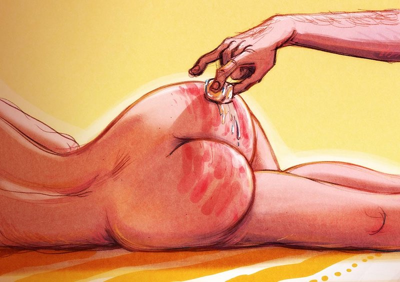 using an ice cube to sooth the red welts on her whipped and spanked bottom