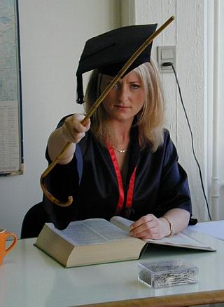 cute blonde professor with a cane